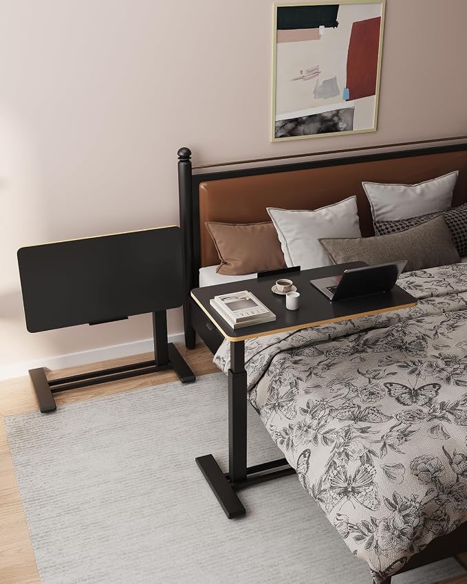 FLEXISPOT H7 PRO Mobile Standing Desk Adjustable Overbed Table Pneumatic with Wheels 90°Tiltable Portable Laptop Desk Rolling Computer Cart Foldable Bedside Table(27.6" W x 15.7" D, Black Maple)