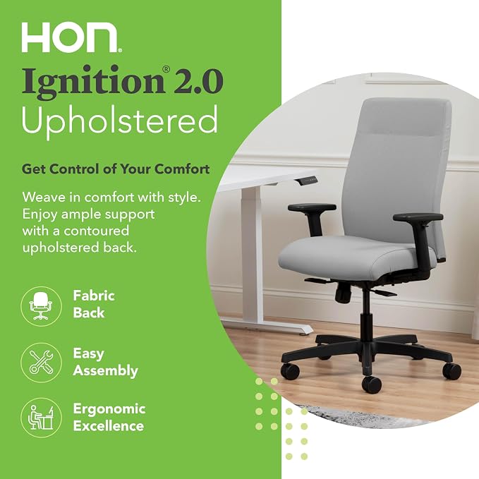 HON Ignition 2.0 Ergonomic Office Chair with Adjustable Arms, Standard Synchro‑Tilt Recline, Upholstered Desk and Computer Chair for Home Office or Workstation, Black Frame, Fog