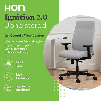 HON Ignition 2.0 Ergonomic Office Chair with Adjustable Arms, Standard Synchro‑Tilt Recline, Upholstered Desk and Computer Chair for Home Office or Workstation, Black Frame, Fog