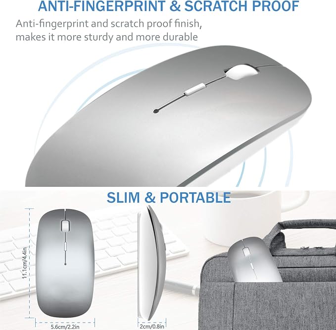 Bluetooth Wireless Mouse for MacBook Air Mac Pro Laptop Computer iPad Pad PC Laser Optical Rechargeable Mini Slim Silent Mouse Widely Used Desktop Hp iMac (Silver)