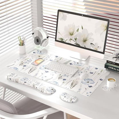 QIYI Leather Desk Mat Set, 4-in-1 Large Mouse Pad with Ergonomic Wrist Rest, Waterproof Desk Pad + Keyboard Wrist Rest + Mouse Wrist Support + Coaster, Non-Slip Office Gaming Accessories, Wildflowers