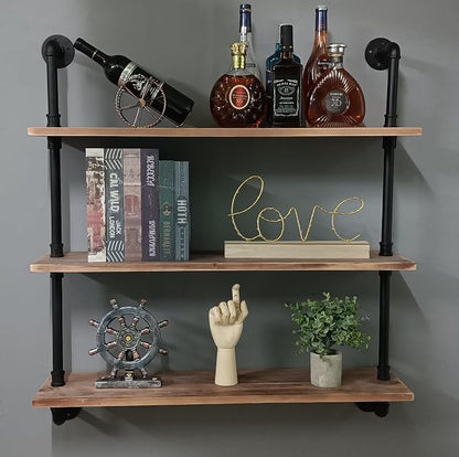 HDDFER Pipe Shelves Industrial Pipe Shelving Shelves Real Wood Industrial Floating Pipe Shelves with Wood Planks 36 inch Wall Shelves Rustic Hanging Bookshelf Farmhouse Kitchen Bar Shelving