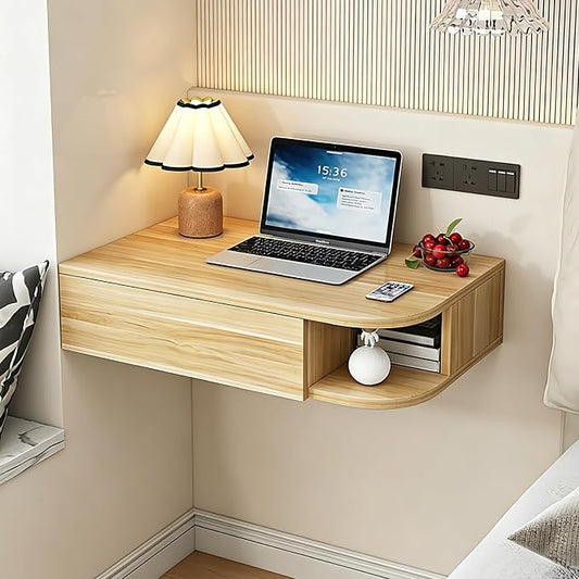 Corner Floating Desk with Drawer, Wall Mounted Desk with Open Shelving, Floating Makeup Vanity with Storage, Scratch-Resistant, Space Saving, for Bedroom Living Room Small Spaces Apartment
