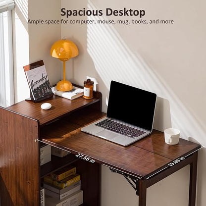 Bamboo Folding Desk for Small Spaces with Storage, Foldable Mid Century Modern Drop Leaf Desk, Vintage Fold Out Hideaway Small Desks for Bedroom or Home Office, Brown