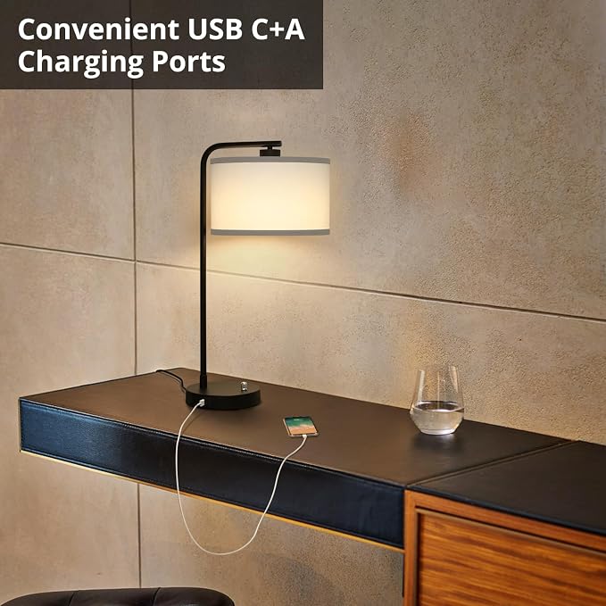 Seaside village Table Lamp for Bedroom with USB C+A Ports, Fully Stepless Dimmable Farmhouse Bedside Lamp Nightstand Light, Tall Reading Desk Lamp for Living Room, Office, 9W LED Bulb Included