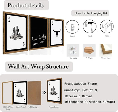 Western Wall Art Set of 3, Southwestern Cowboy Playing Card Wall Decor, Longhorn Bull Skull and How Lucky are We Poster Canvas Painting Prints for Bedroom Living Room 16x24 inch Wood Framed