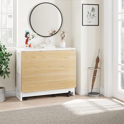 IDEALHOUSE FoldingTable, Drop Leaf Dining Table with 6 Wheels and 2-Layer Storage Shelf, Space Saving Table for Small Spaces (Natural Wood, 50.1" D x 31.4" W x 29.5" H)
