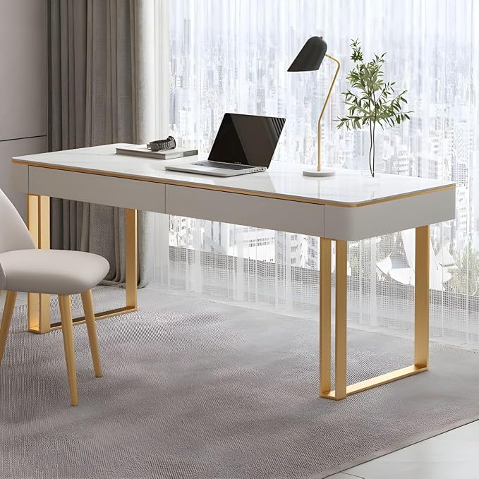 RUNNUP Slate Office Desk with 2 Drawers, Modern Computer Desk, Without Chair 55.1" L x 21.7" W x 29.5" H Gold