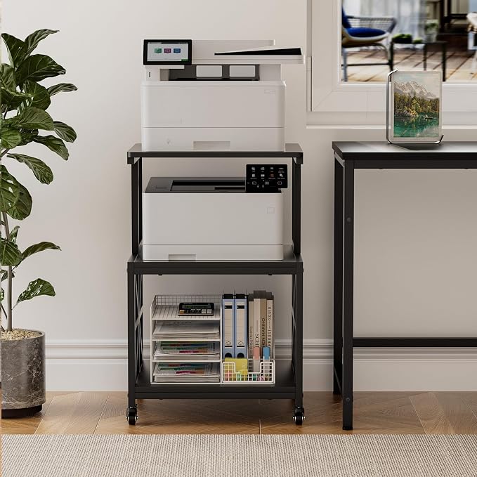 GreenForest Printer Stand with Lockable Wheels, Heavy Duty Printer Table | 3-Tier Storage Shelf, Fit 2-3 Printers/3d/Heat Press/Laser, Rolling Cart for Home Office, Small Spaces, 19.7"x17.7", Black