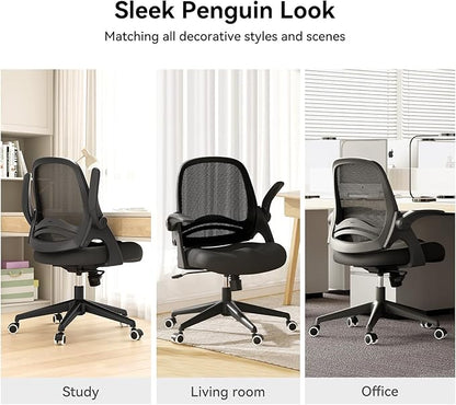 Hbada Office Desk Chair with Flip-Up Armrests and Saddle Cushion, Ergonomic Office Chair with S-Shaped Backrest, Swivel, Mesh, Black