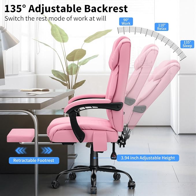 HOFFREE Heated Office Chair Massage Office Chair with Heat 400lbs Executive Reclining Home Desk Chair with Footrest,Linkage Armrests for Heavy People(Pink)