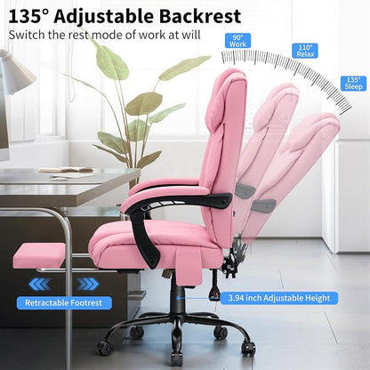 HOFFREE Heated Office Chair Massage Office Chair with Heat 400lbs Executive Reclining Home Desk Chair with Footrest,Linkage Armrests for Heavy People(Pink)