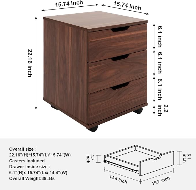 Farini 3-Drawer Vertical Filing Cabinet Rolling Wood Mobile File Cabinets Under Desk for Home Office with Casters,Brown,Fully-Assembled