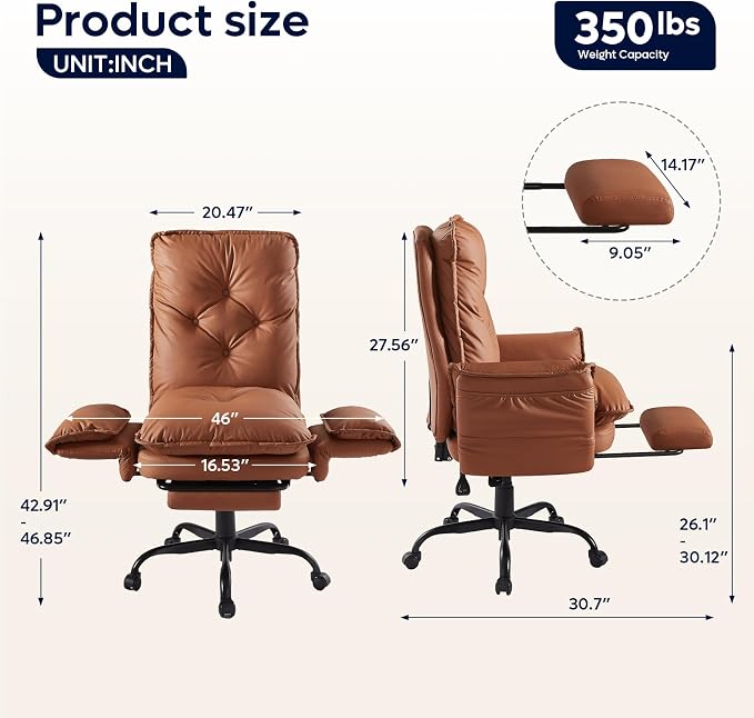 Bestier Cross Legged Office Chair with Footrest, High Back Criss Cross Chair with Reversible Armrests and Wheels, Big and Tall Reclining Office Chair for Home PU Leather Brown