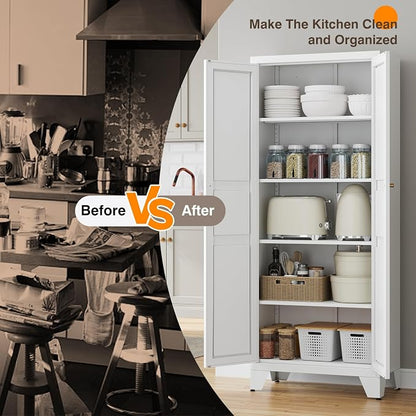 Yizosh Metal Storage Cabinet with 2 Doors and 4 Adjustable Shelves - 71" White Kitchen Pantry Storage 4-Tier Tall Steel Cabinets Locker for Kitchen, Living Room, Dining Room