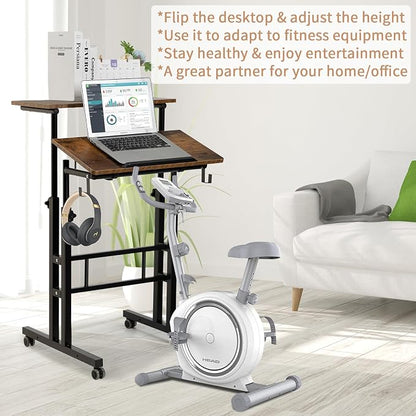 SIDUCAL Mobile Standing Desk, Portable Stand Up Desk, Small Adjustable Converter with Wheels Home Office Workstation, Rolling Laptop Cart for Sitting, Rustic Brown