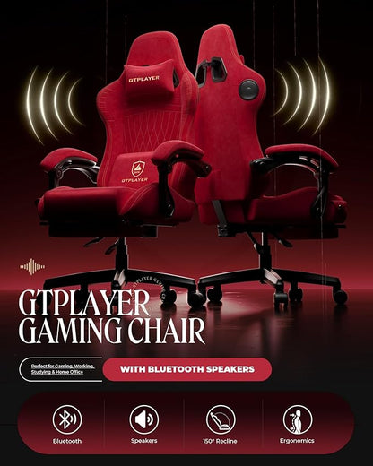 GTPLAYER Gaming Chair with Speakers, Video Game Chairs with Footrest, PC Gamer Chairs for Adults - Padded High Back Ergonomic Reclining Silla Gamer, Linkage Armrest, Ace Pro, Cherry Red（Velvet）