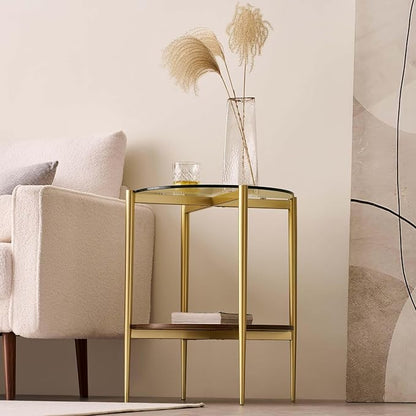 LumFurn Round Glass End Table, Mid-Century Modern Design Sofa Table for Living Room, D18 x H23, 2-Tier Structure, Clear Glass Top and Walnut Shelf, Sleek Conical Legs with Gold Finish Frame