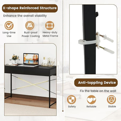 GOFLAME 44 Inch Computer Desk with 2 Drawers, Home Office Desk with Metal Frame, Small Study Writing Workstation with Storage, PC Laptop Table for Living Room, Bedroom, Study, Black