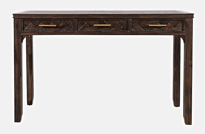 Jofran Mid-Century Modern Acacia Wood Writing Desk with 3 Drawers and USB Charging Port, 48 Inch Computer Desk for Home Office Work, Dark Chevron