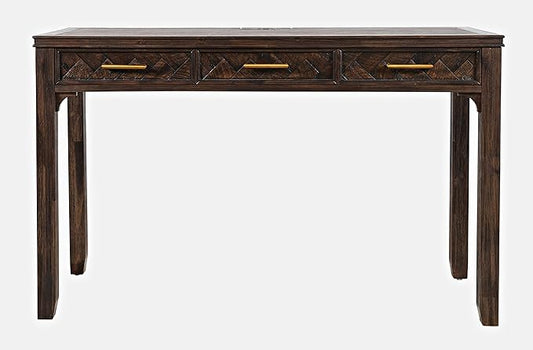 Jofran Mid-Century Modern Acacia Wood Writing Desk with 3 Drawers and USB Charging Port, 48 Inch Computer Desk for Home Office Work, Dark Chevron