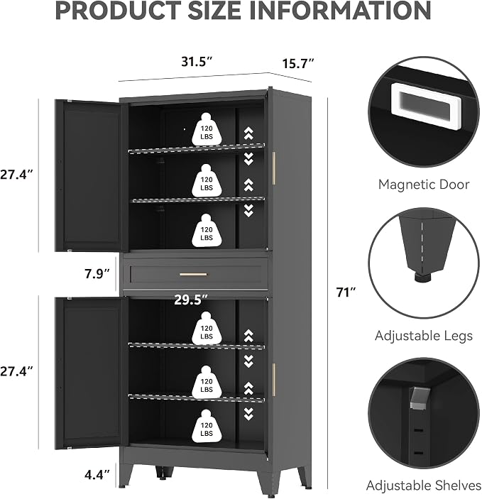 Baborokic 71" Tall Metal Storage Cabinet with Drawer and Adjustable Shelves,Farmhouse Kitchen Pantry Storage Cabinet with Doors,Large Wide Cabinets for Craft Room,Office,Dining Room,Kitchen(Black)