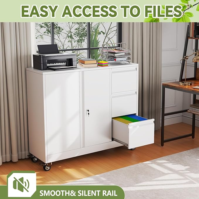 Mobile Large Lateral File Cabinet 3-Drawer,Home Office Rolling Filing Storage Cabinets with Lock & Wheels,Metal Printer Stand Office Storage A4,Letter Legal File Folders