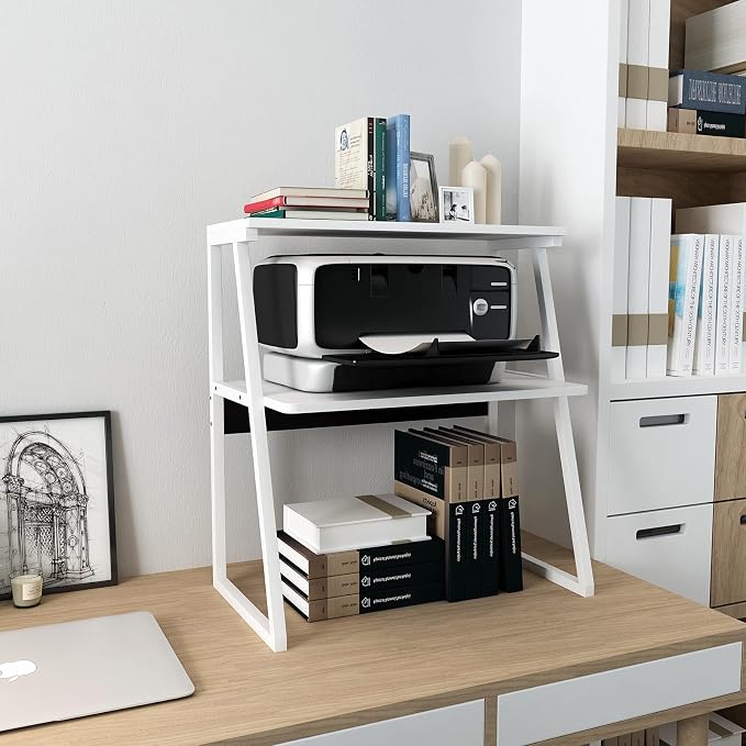 PUNCIA 3 Tier Wood Desktop Printer Stand Large Capacity Storage Rack | White Heavy Duty Shelf Fits Laser Printers Copiers Fax Machines Books Organizer for Home Office Dorm Room