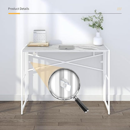 Lutown-Teen Folding Computer Desk 40 inch Writing Gaming Computer Camping Desk, No Assembly Required Home Office Table, White Marble