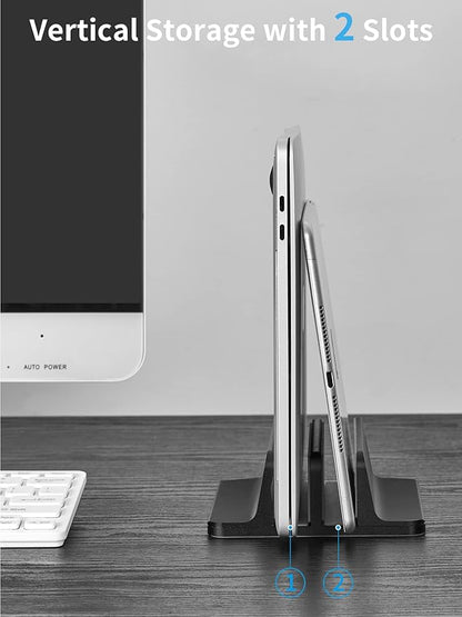 JARLINK Vertical Laptop Stand Holder, Aluminum Double Desktop Stand Holder with Adjustable Dock (Up to 17.3 inch), Compatible with MacBook, Surface, Chromebook, and Gaming Laptops, Black