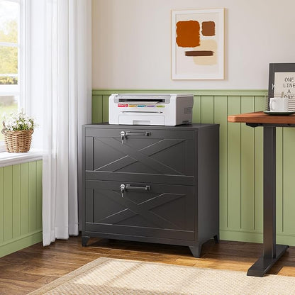 Farmhouse File Cabinet with Lock, Lateral File Cabinet with 2 Large Drawer for Letter/Legal/A4 Hanging Files,File Storage Cabinets Printer Stand for Home Office School, Black