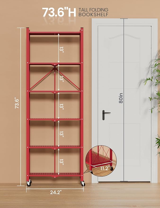 ALANNG 73.6 Inch Folding Bookshelf, 6 Tier Metal Bookcase and Bookshelves, Tall Shelves for Living Room Office Bedroom, Heavy Duty Book Shelve Free Standing Open (Red, 3PACK)
