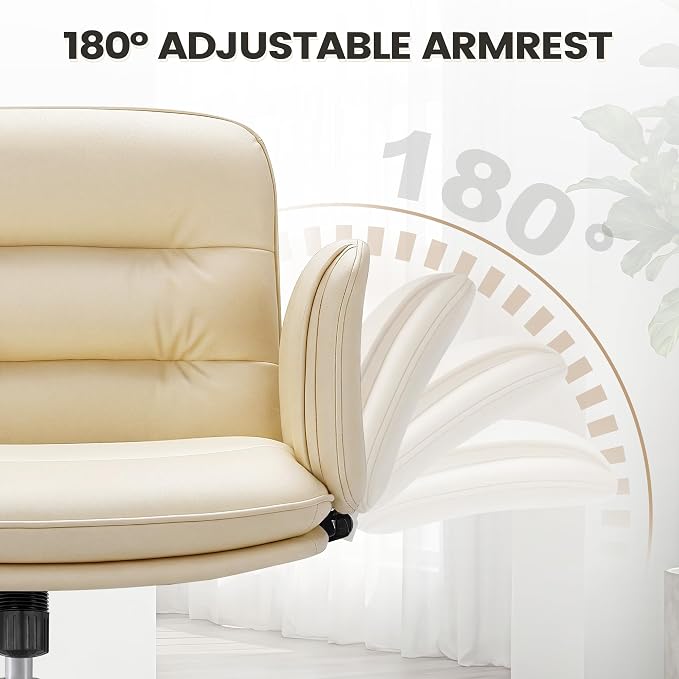 Furmax Vanity Chair with Adjustable Armrests, Comfortable Oversized PU Leather Criss Cross Chair with Wheels, Wide Office Desk Chair for Home, Make Up, Bed Room (Beige)