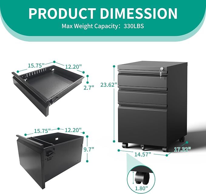 3-Drawer Mobile File Cabinet With Lock & Wheels,Fully Assembled Heavy Duty Under Desk File Cabinets For Home Office,100lbs Capacity Per Drawer,Steel Rolling Cabinet for Legal/Letter Files(Black)