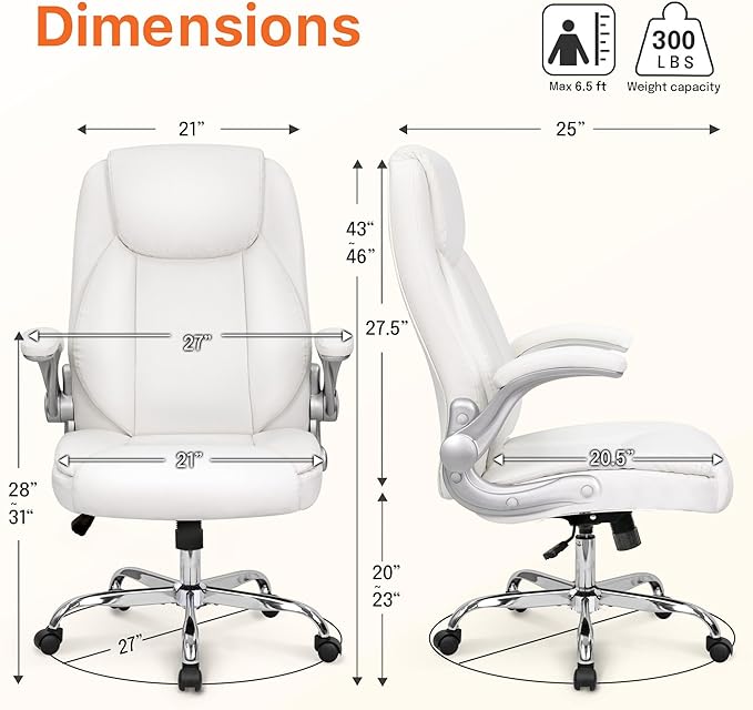 NEO CHAIR Office Desk Gaming Computer Home Chair Ergonomic Executive High Back Support Flip-up Arms Adjustable Height Swivel Rolling Wheels Comfy PU Leather (White)