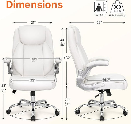 NEO CHAIR Office Desk Gaming Computer Home Chair Ergonomic Executive High Back Support Flip-up Arms Adjustable Height Swivel Rolling Wheels Comfy PU Leather (White)