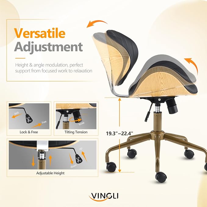 VINGLI Wide Comfotable Swivel Home Office Chair with Wood-Grain Curved Shell,Ergomomic Mid-Back Padded Armless Rolling Desk Chair with Wheels,Height Adjustable for Computer,Task,Work,PU Leather,Black
