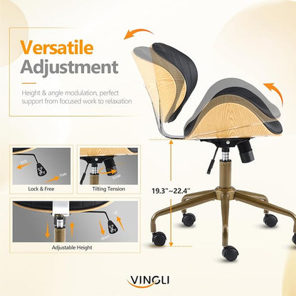 VINGLI Wide Comfotable Swivel Home Office Chair with Wood-Grain Curved Shell,Ergomomic Mid-Back Padded Armless Rolling Desk Chair with Wheels,Height Adjustable for Computer,Task,Work,PU Leather,Black