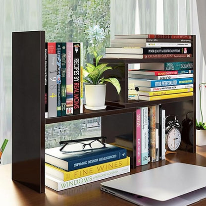 Desktop Shelf Organizer, Adjustable Wood Office Storage Rack, Counter Display Small Bookshelf for Home/Office/School(Dark Walnut)