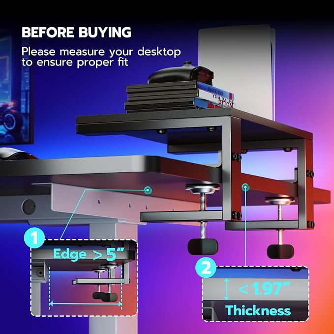 ARES WING Clamp-On Desk Extender & Monitor Shelf – 15" x 9.8" Space Booster, Freestanding or Clamp Mount, Holds 44 lbs, No Drill Desktop Organizer for Office/Gaming, Black