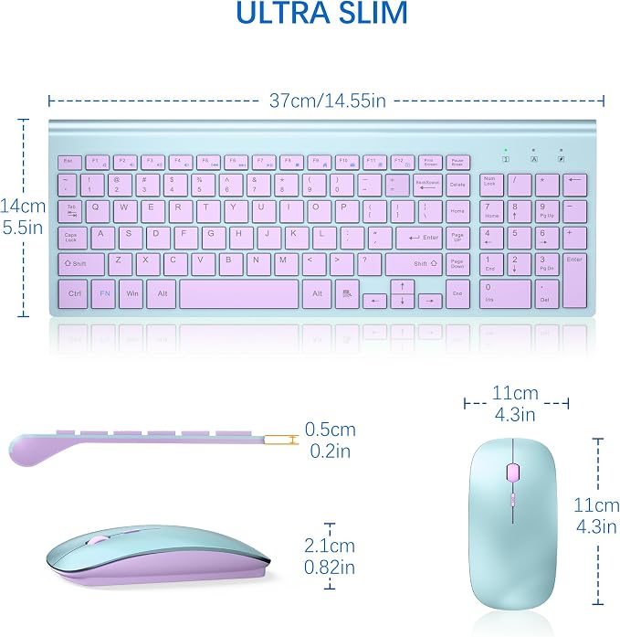 Wireless Keyboard and Mouse Ultra Slim Combo, TopMate 2.4G Silent Compact USB 2400DPI Mouse and Scissor Switch Keyboard Set with Cover, Batteries Included, for PC/Laptop/Windows/Mac - Blue Purple