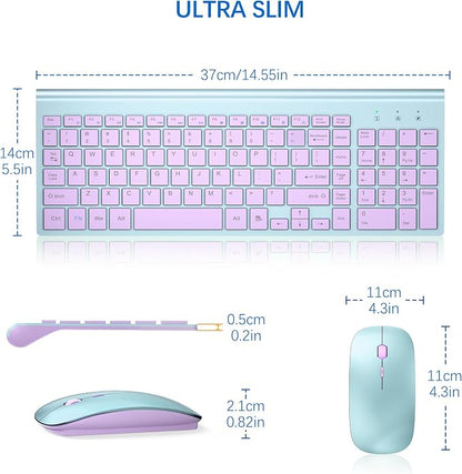 Wireless Keyboard and Mouse Ultra Slim Combo, TopMate 2.4G Silent Compact USB 2400DPI Mouse and Scissor Switch Keyboard Set with Cover, Batteries Included, for PC/Laptop/Windows/Mac - Blue Purple