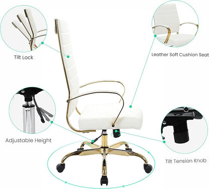 LeisureMod Modern High-Back Leather Office Chair - Swivel & Adjustable Executive Desk Chair with Gold Frame, Ergonomic Design for Home & Office (White, Single)