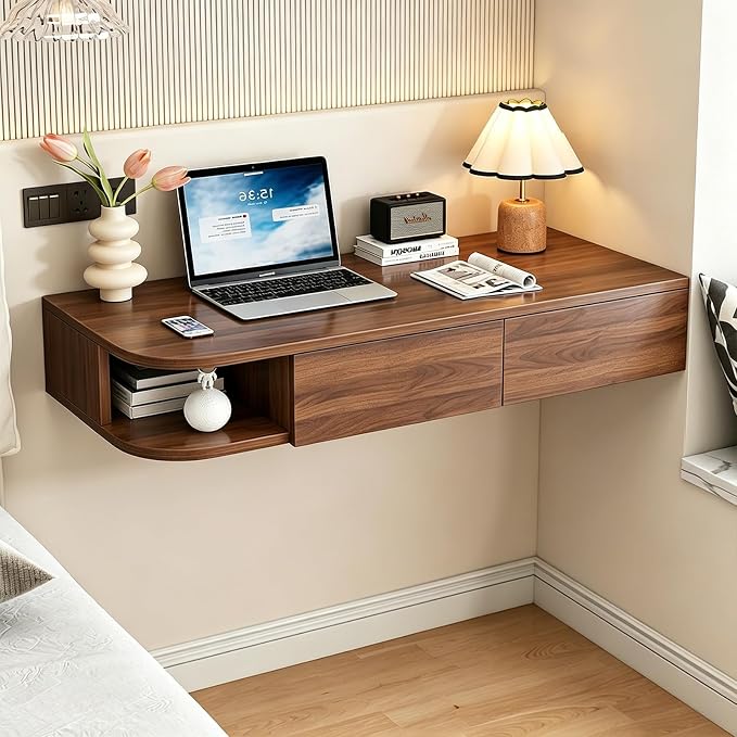 Corner Floating Desk with Drawer, Wall Mounted Desk with Open Shelving, Floating Makeup Vanity with Storage, Scratch-Resistant, Space Saving, for Bedroom Living Room Small Spaces Apartment