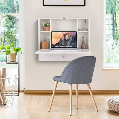 GRAFFY Wall Mounted Table, Multifunctional Folding Hanging Storage Cabinet, Space Saving Computer Desk w/Storage Drawer and Shelves, Wall Mount Laptop Desk for Home Office (White)