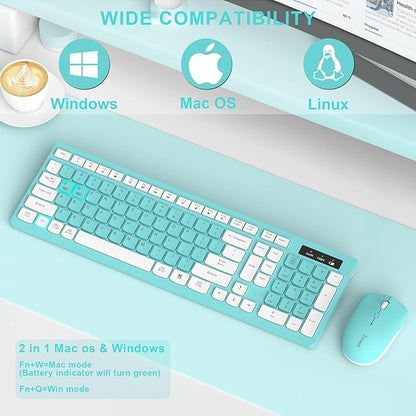 RECCAZR Wireless Keyboard and Mouse Combo, Full-Sized Keyboard and Adjustable DPI Mouse, 2.4GHz USB Receiver, Wireless for PC, Windows, Desktop, Laptop (Blue)