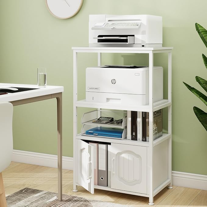 Natwind 4 Tier Printer Stand with File Cabinet, Vertical Filling Cabinet with Adjustable Open Shelves, Decorative Wood Printer Shelf with Storage for Home Office, White
