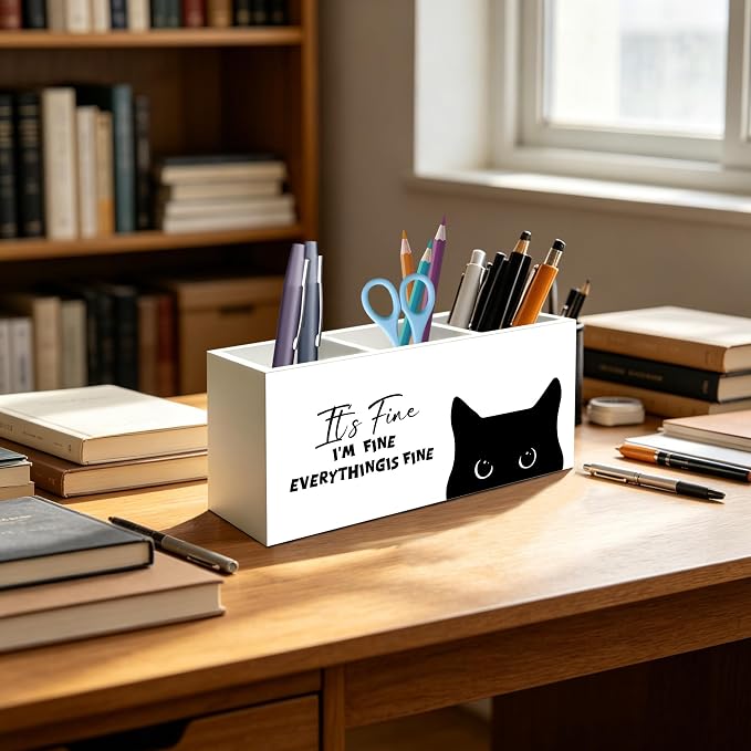 Funny Sarcastic Black Cat Pen Pencil Holder Organizer for Office Desk Accessories, Funny Office Gifts for Coworkers, It's Fine I'm Fine Everything Is Fine Wood Signs for Desk Tabletop Decor