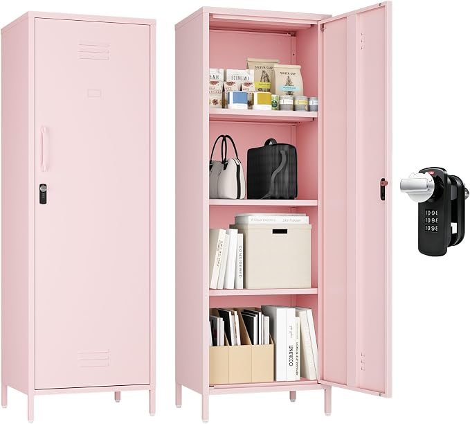 Steehoom Metal Storage Cabinet for Employees, Pink Locker, Lockable File Cabinet, Utility Tall Cabinet with 3 Shelves for Living Room, School, Office, Garage, Entryway (Pink, H59.06'')