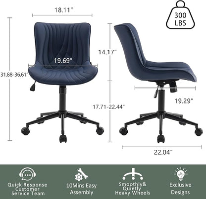 YOUTASTE Navy Blue Office Chair, Faux Leather Armless Desk Chair with Wheels, Height Adjustable, Swivel, Rocking, 300 lbs Capacity, Metal Base, for Home Office Vanity, Purple